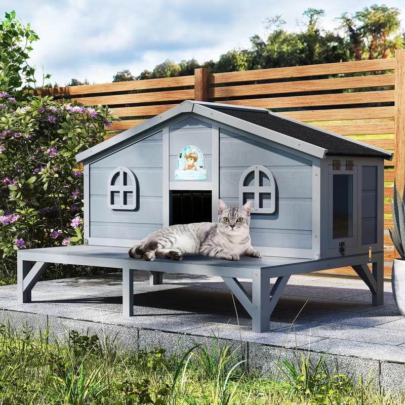 Outdoor Wooden Pet Shelter with Elevated Deck